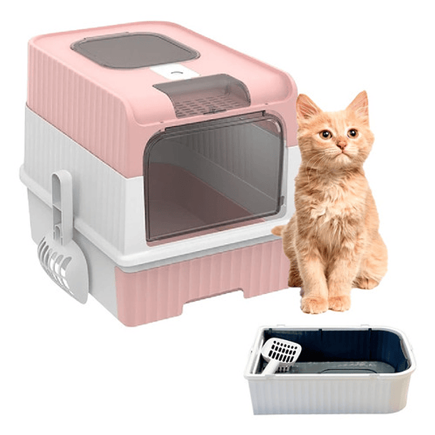 Arenero Gato Caja Cerrada Pala Recogedora Diseño Plegable Rosa 1