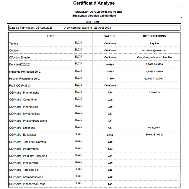 Aceite Eucalipto 80-85 % BIO - CT Cineol (esencial) INCI: Eucalyptus globulus Imp. de Francia