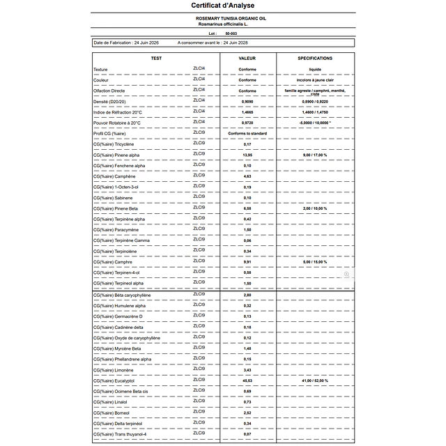 Aceite Romero Cineol BIO - CT Cineol 1.8  INCI: Rosmarinus officinalis L. Imp. de Francia