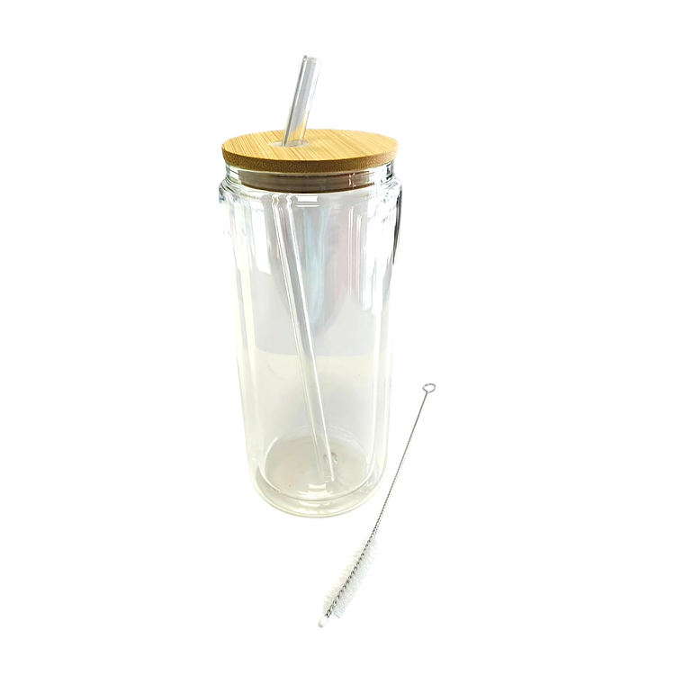 VASO DOBLE PARED CON TAPA DE BAMBU 16OZ TRANSPARENTE SUBLIMABLE 1