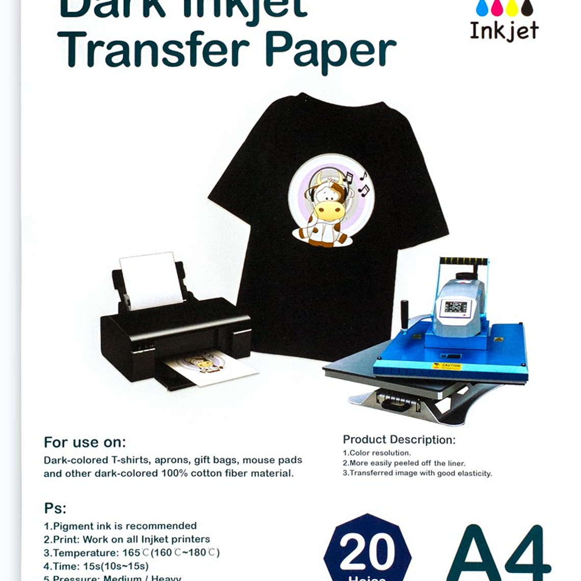 Transfer Dark (prendas oscuras) A4 20 hojas sirve con tinta DYE Y PIGMENTADA 1