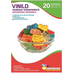 VINILO ADHESIVO IMPRIMIBLE TRANSPARENTE WATERPROOF 50mic A4 20 HOJAS