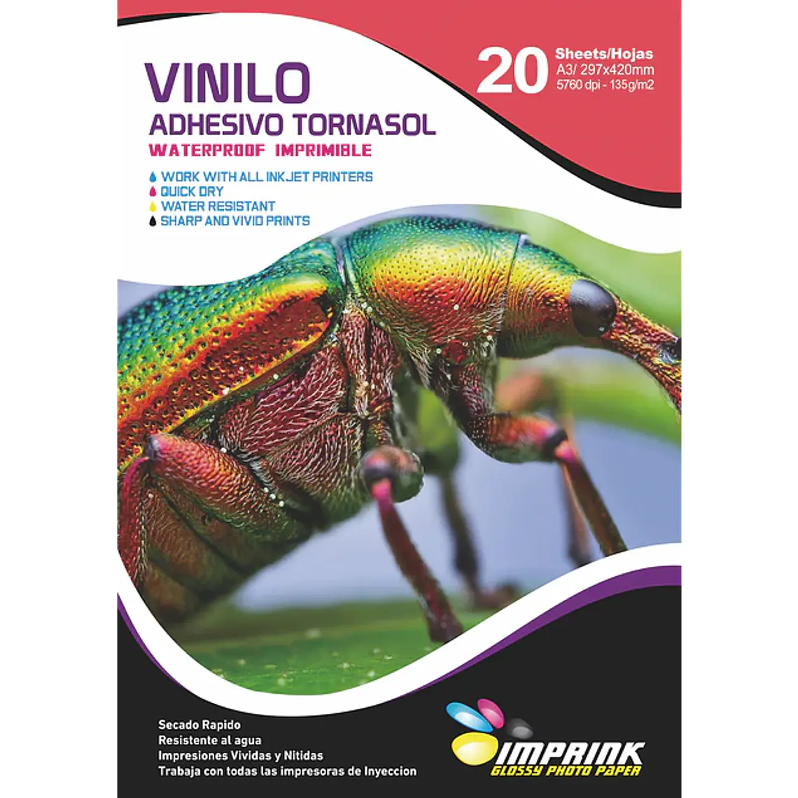 VINILO ADHESIVO IMPRIMIBLE TORNASOL WATERPROOF 135gr A4 20 HOJAS 1