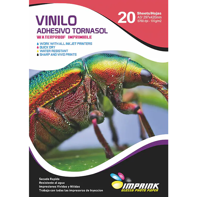 VINILO ADHESIVO IMPRIMIBLE TORNASOL WATERPROOF 135gr A4 20 HOJAS 1