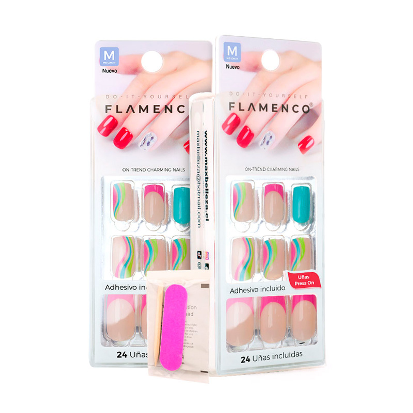 Uñas Press On Cuadradas Rosa y Turquesa Estilo Verano