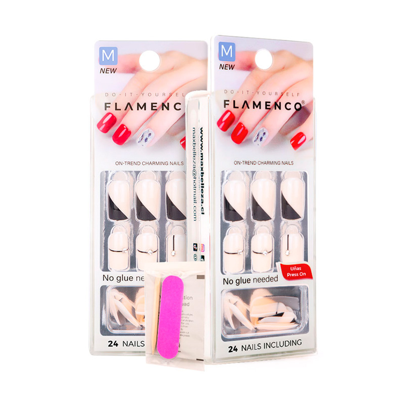 Uñas Press On Cuadradas Medianas Nude con Diseño Negro