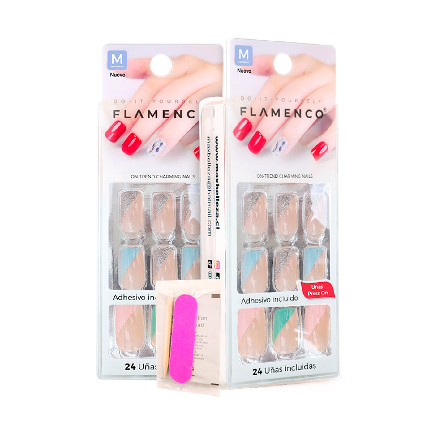 Uñas Press On Cuadradas Medianas Nude con Diseño Pastel