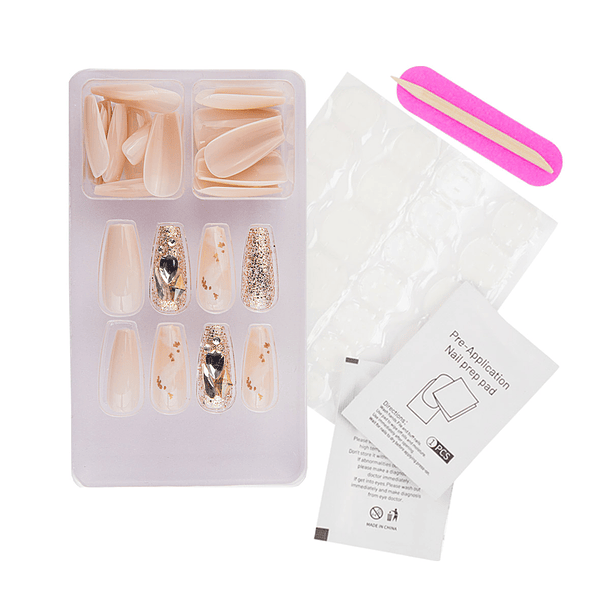 Uñas Press On Coffin Medianas Nude con Mármol Dorado y Piedras 3