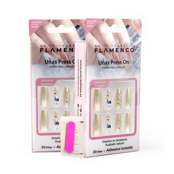 Uñas Press On Coffin Medianas con pedrería  Golden Glam 1