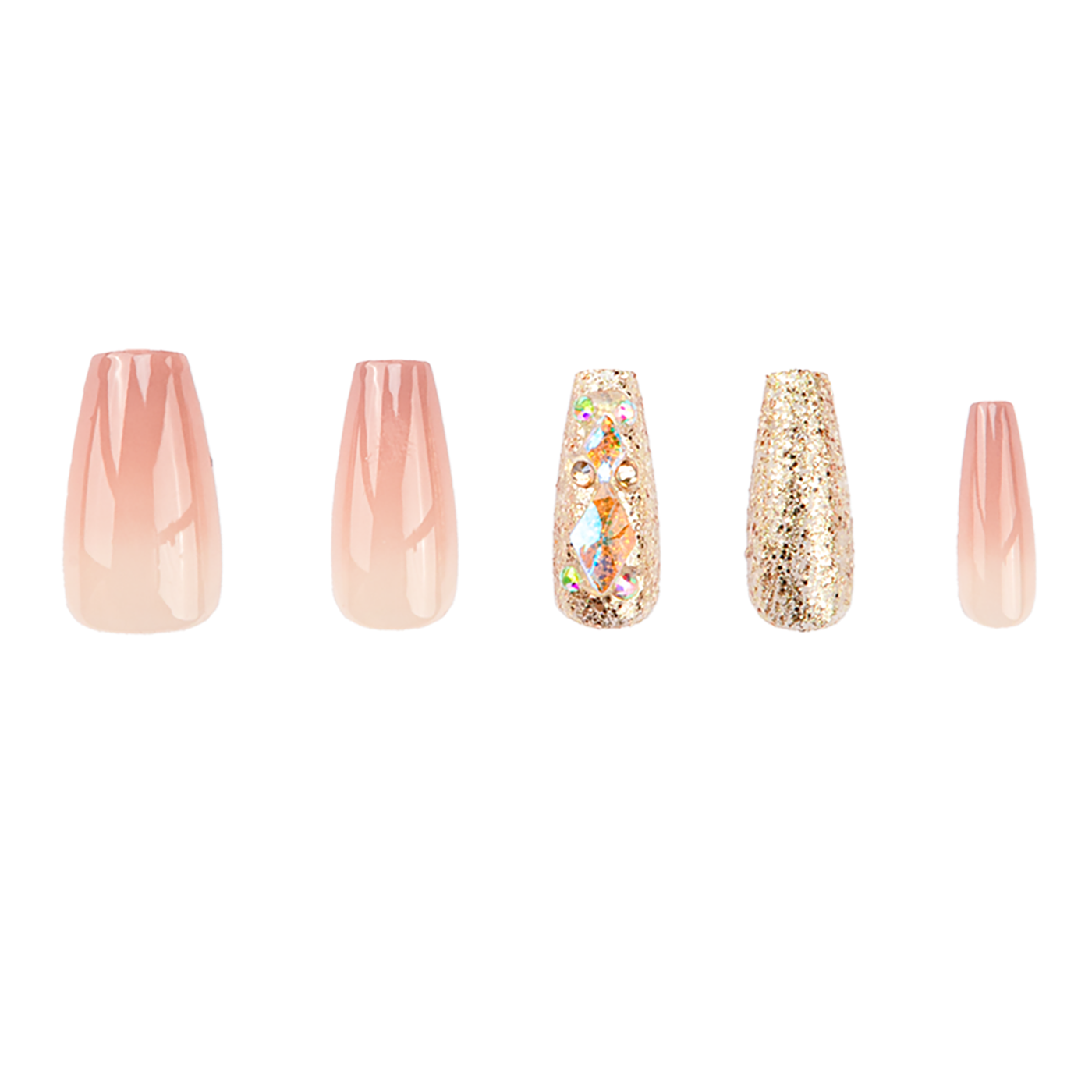 Uñas Press On Coffin Medianas Nude con Glitter Dorado y Piedras