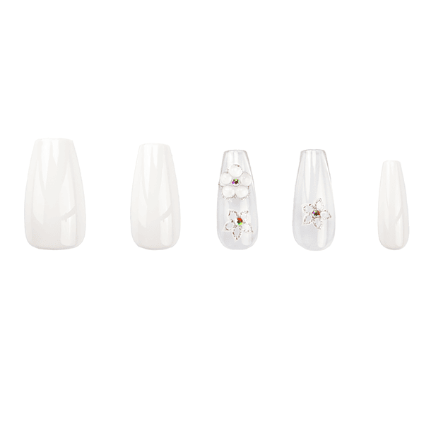 Uñas Press On Coffin Medianas Blancas con Diseño Floral 2