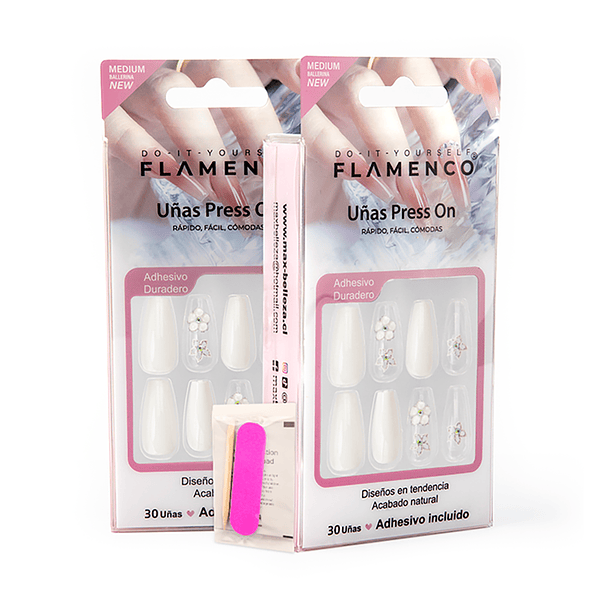 Uñas Press On Coffin Medianas Blancas con Diseño Floral 1