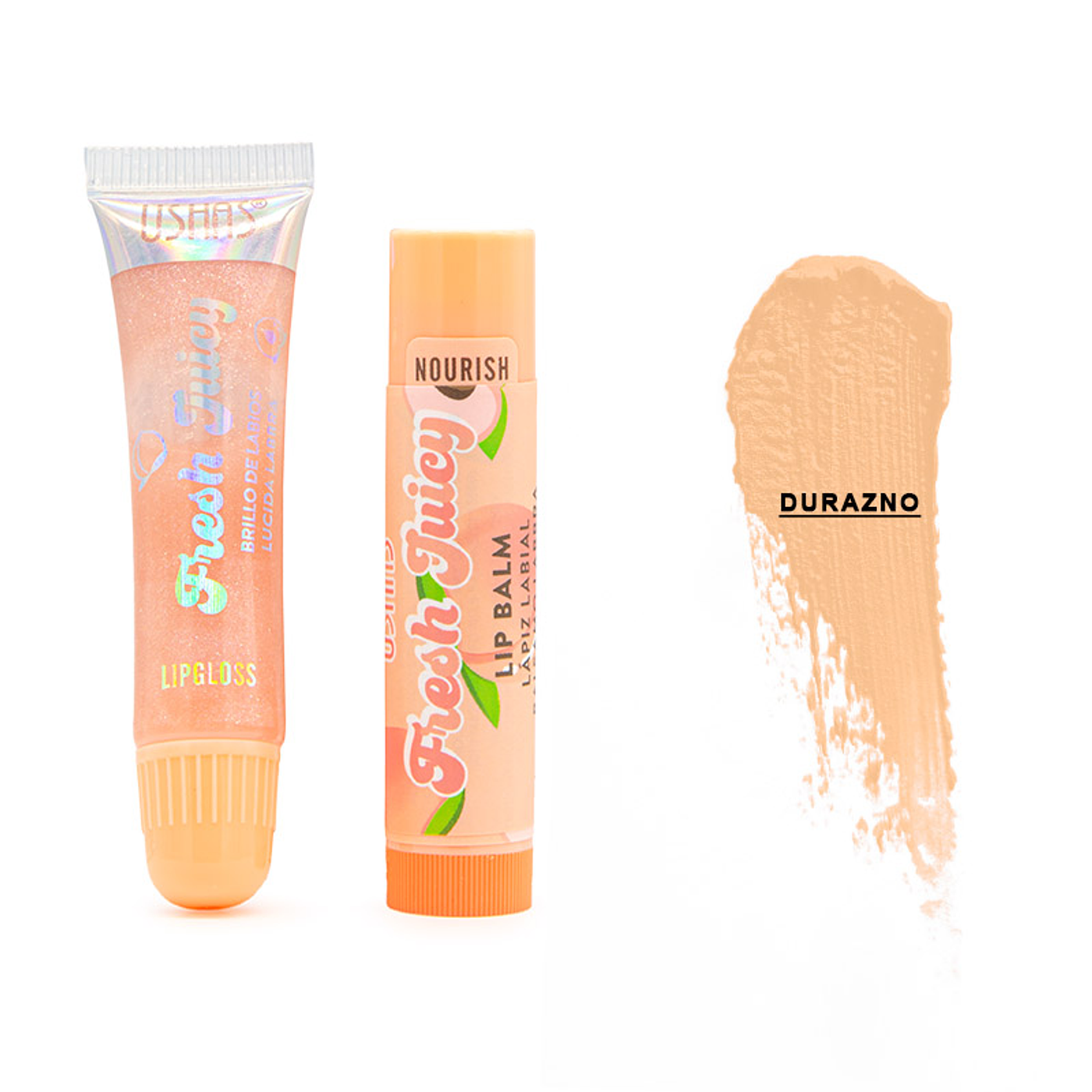 Kit Brillo de Labios Gloss + Bálsamo Labial Hidratante - Fresh’n Juicy USHAS® - MB012101 Durazno