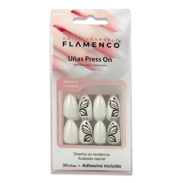 Uñas Press On Almendradas Mariposa Blanca Perla 2