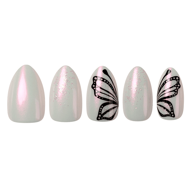 Uñas Press On Almendradas Mariposa Blanca Perla 1