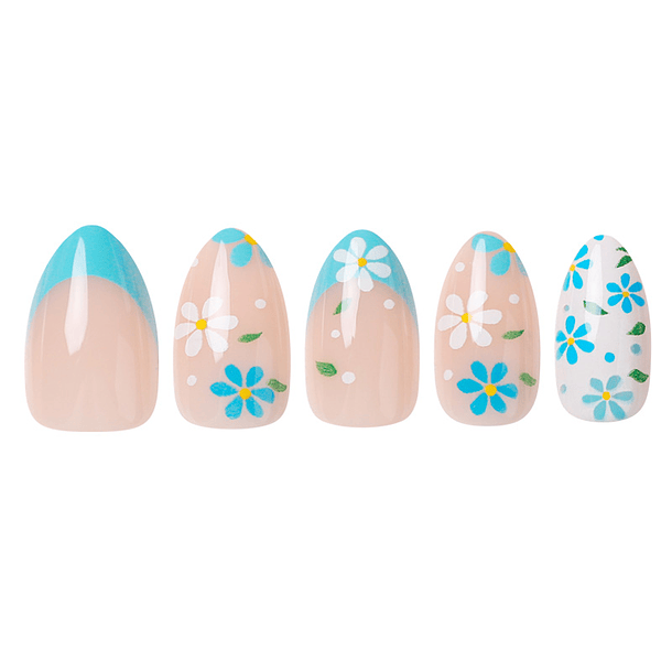 Uñas Press On Almendradas Margaritas Turquesa 1