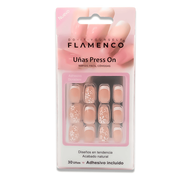 Uñas Press On Cuadradas Flores French 2
