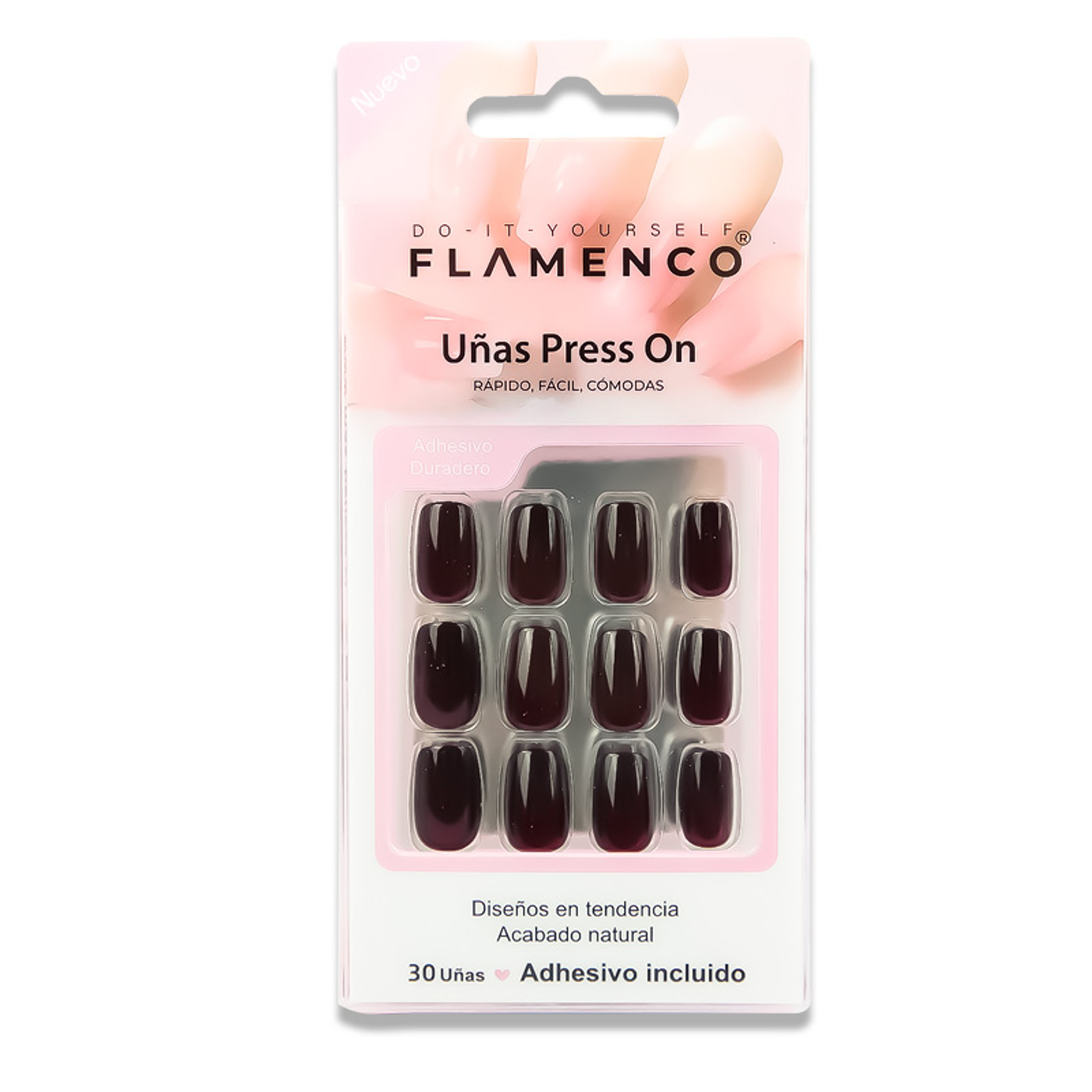 Uñas Press On Cuadradas Negro Vino Intenso