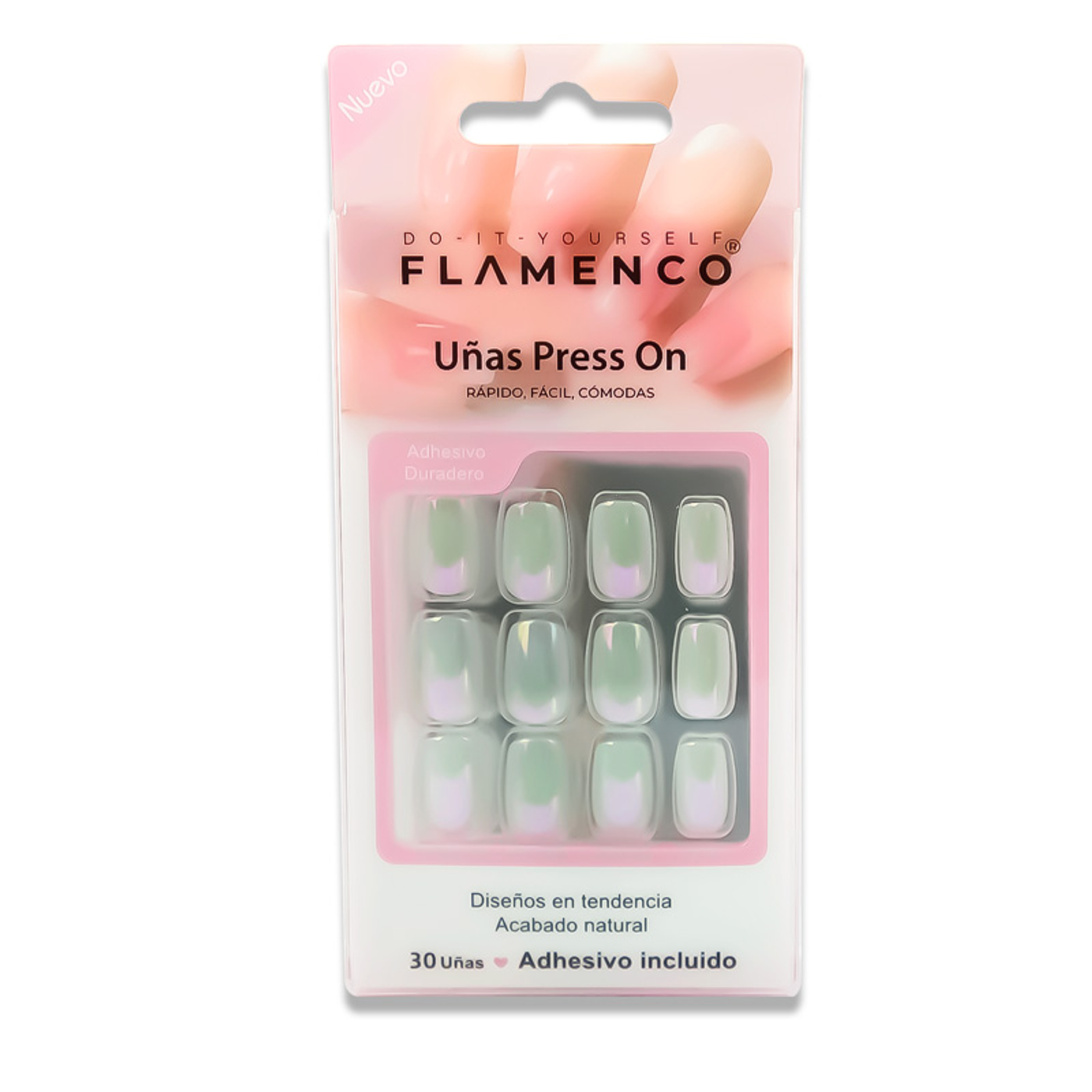 Uñas Press On Cuadradas Menta Perla Cromo