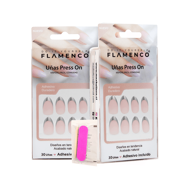 Uñas Press On Almendradas French Metálica Plata 2