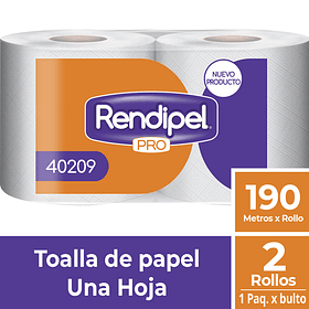 TOALLA DE PAPEL HOJA SIMPLE PACK 2 ROLLOS DE 190 MTS RENDIPEL PRO