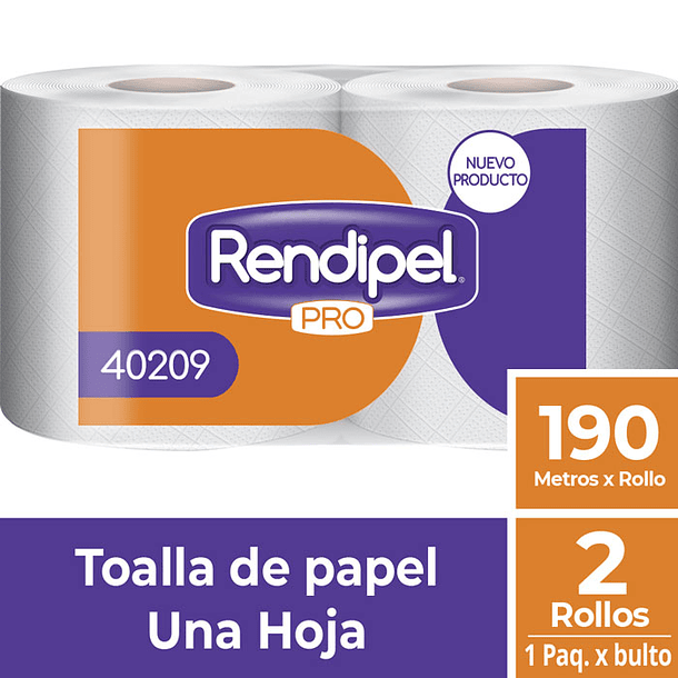 TOALLA DE PAPEL HOJA SIMPLE PACK 2 ROLLOS DE 190 MTS RENDIPEL PRO