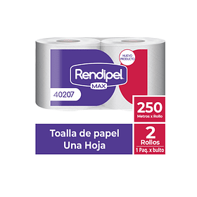 TOALLA DE PAPEL HOJA SIMPLE PACK 2 ROLLOS DE 250 MTS RENDIPEL PRO