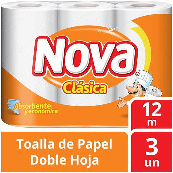 TOALLA DE PAPEL NOVA CLASICA 12 METROS X 3 ROLLOS 