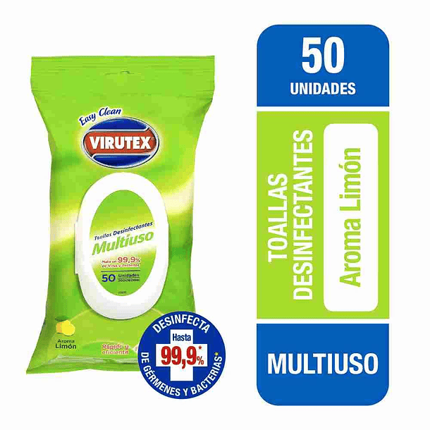 TOALLAS HÚMEDAS DESINFECTANTES MULTIUSO VIRUTEX LIMÓN 50 UNID 