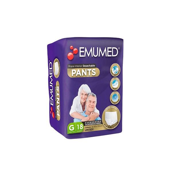 PAÑALES PARA ADULTO EMUMED PANTS TALLA G 18 UNID INCONTINENCIA FUERTE 