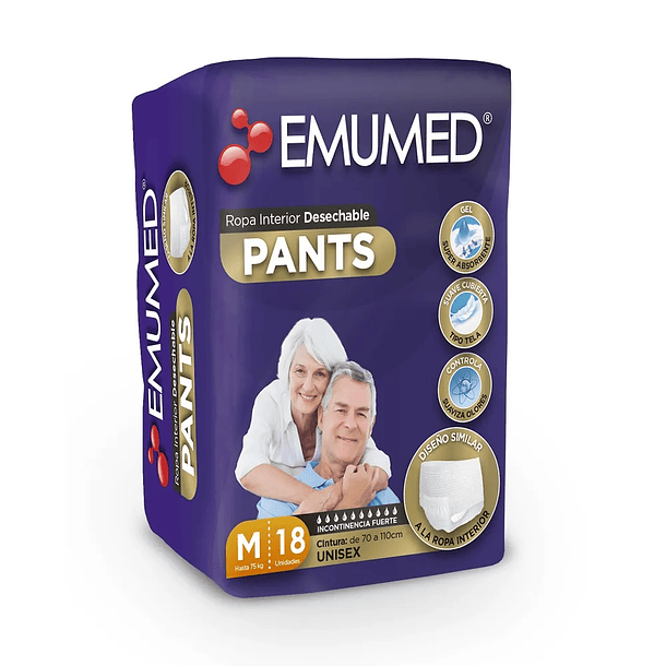 PAÑALES PARA ADULTO EMUMED PANTS TALLA M 18 UNID INCONTINENCIA FUERTE 