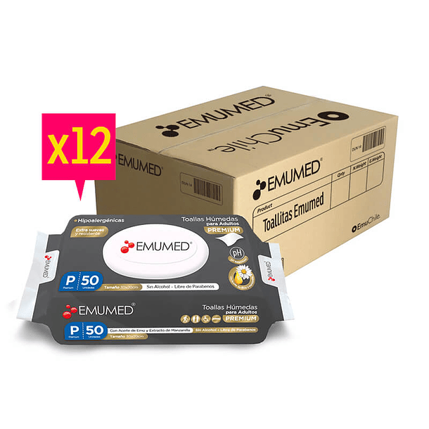 EMUMED CAJA TOALLITAS HÚMEDAS ADULTO PREMIUM, 12 BOLSAS DE 50 UNID