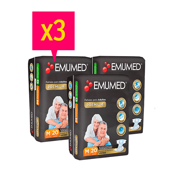 EMUMED 3 PAQUETES PAÑALES ADULTO PREMIUM TALLA M, TOTAL 60 UN