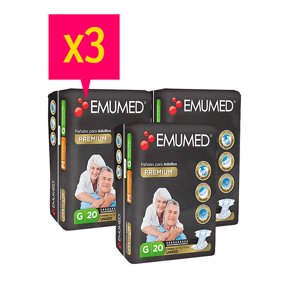EMUMED 3 PAQUETES PAÑALES ADULTO PREMIUM TALLA G, TOTAL 60 UN