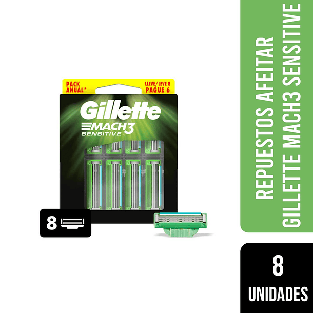 PACK RESPUESTO DE AFEITAR DESECHABLE GILLETTE SENSITIVE MACH3 8 UNID