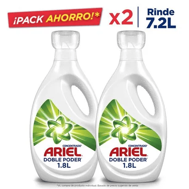 PACK X2 DETERGENTE ARIEL LIQUIDO DOBLE PODER 1.8 LTS C/U