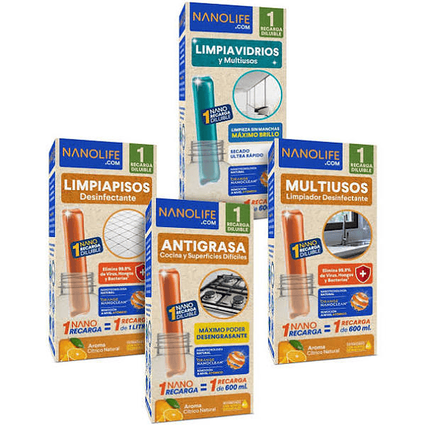 PACK X 4 RECARGAS NANOLIFE LIMPIAPISO + MULTIUSOS + LIMPIA VIDRIOS + ANTIGRASA 