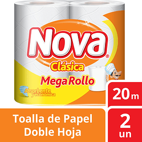 TOALLA DE PAPEL NOVA CLÁSICA MEGA ROLLO 20MT X 2 ROLLOS