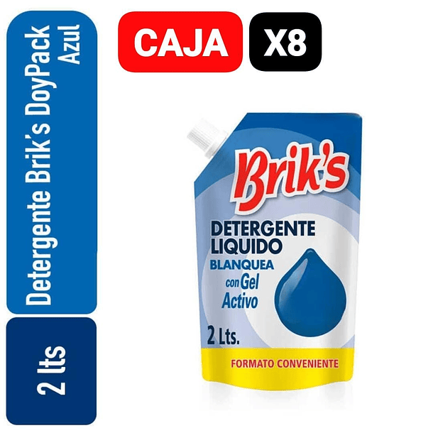 CAJA BRIK´S DETERGENTE LIQUIDO CON GEL ACTIVO AZUL DOYPACK 2 LT X 8UN
