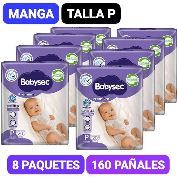 MANGA PAÑAL BABYSEC PREMIUM TALLA P 8 PAQUETES 160 UN