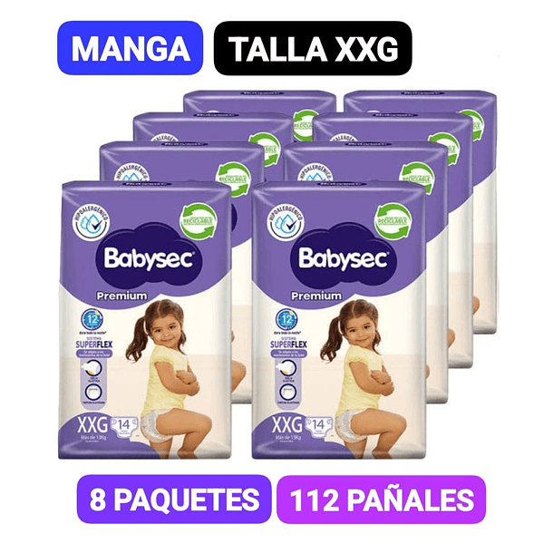 MANGA PAÑAL BABYSEC PREMIUM TALLA XXG 8 PAQUETES 112 UN