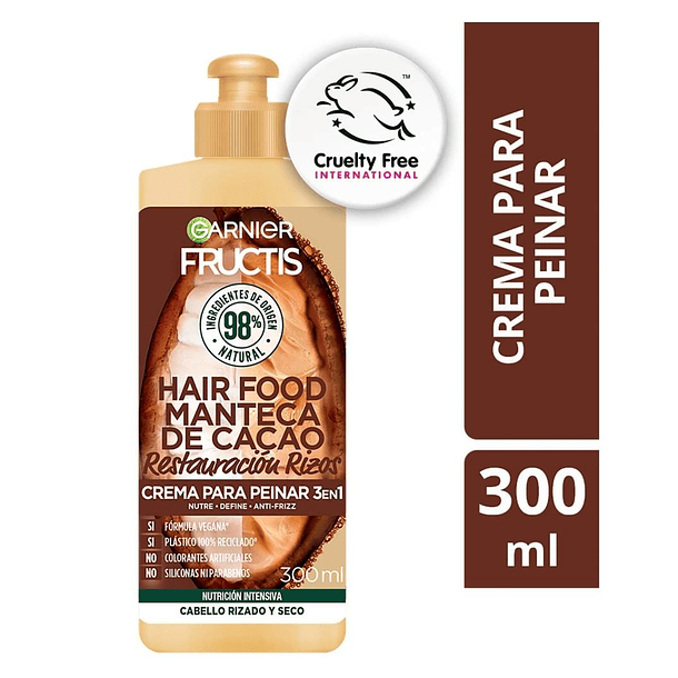 CREMA DE PEINAR GARNIER FRUCTIS HAIR FOOD MANTECA DE CACAO RESTAURACIÓN RIZOS 3 EN 1 300 ML
