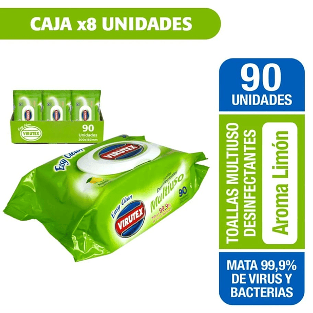 CAJA X 8 TOALLAS MULTIUSO DESINFECTANTES VIRUTEX 90U. AROMA LIMÓN