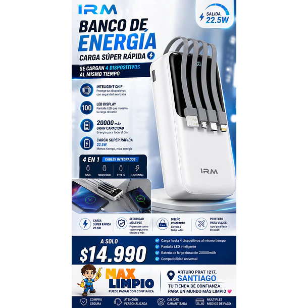 BANCO DE ENERGÍA CARGA SUPER RÁPIDA 20000 mAh
