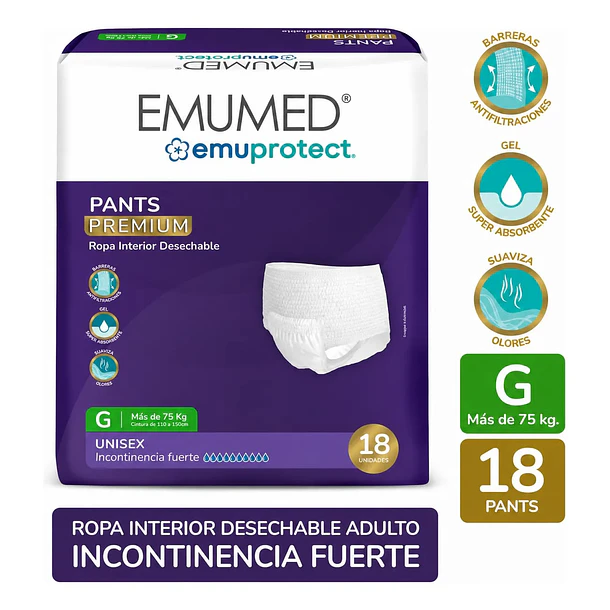 PAÑALES PARA ADULTO EMUMED PANTS TALLA G 18 UNID INCONTINENCIA FUERTE  1