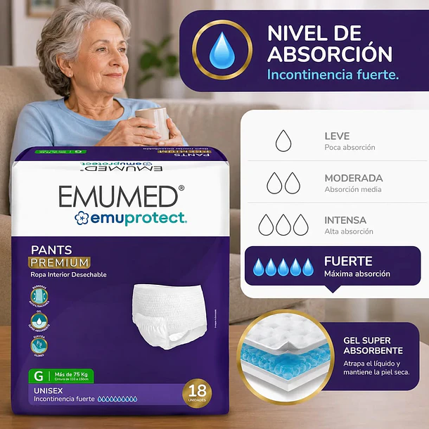 PAÑALES PARA ADULTO EMUMED PANTS TALLA G 18 UNID INCONTINENCIA FUERTE  3