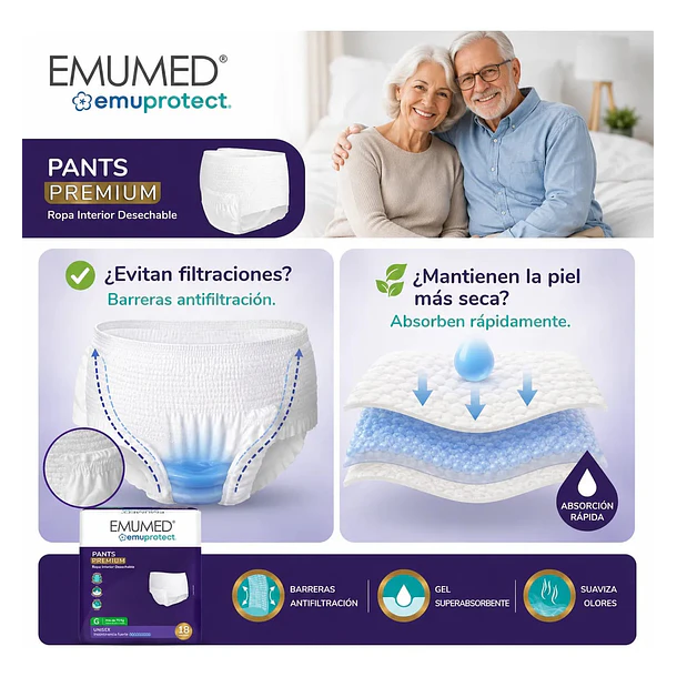 PAÑALES PARA ADULTO EMUMED PANTS TALLA G 18 UNID INCONTINENCIA FUERTE  4