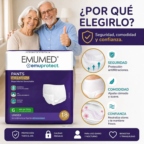 PAÑALES PARA ADULTO EMUMED PANTS TALLA G 18 UNID INCONTINENCIA FUERTE  2
