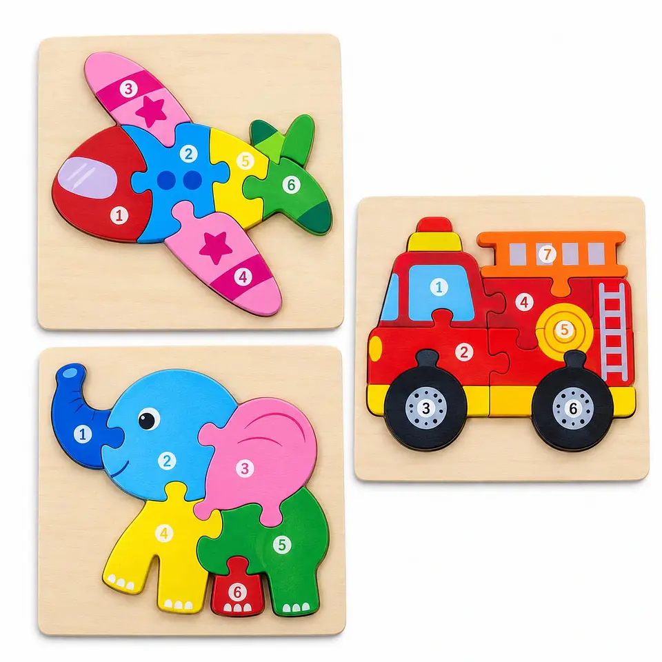 PUZZLE MADERA DE TRANSPORTES Y ANIMALES NUMERADOS 1