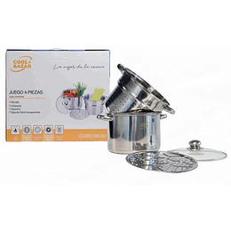 JUEGO DE 4 PIEZAS OLLA/COLADOR/VAPORIERA ACERO INOX "COOL BAZAR" (CL1015)
